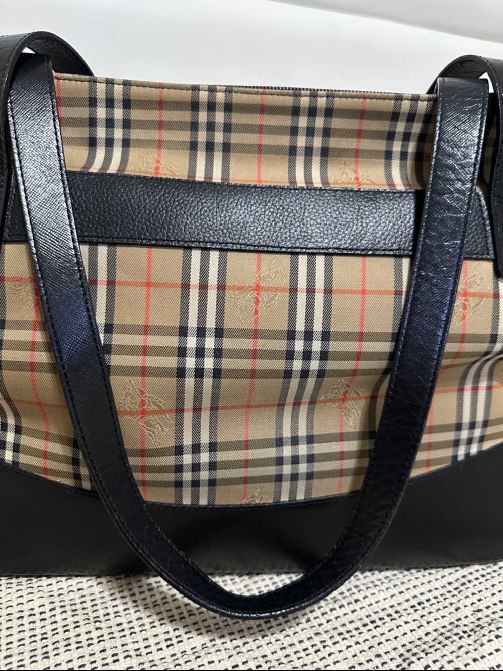Burberry Classic Check Canvas Tote Bag with Black Leather Trim - Picture 9 of 15